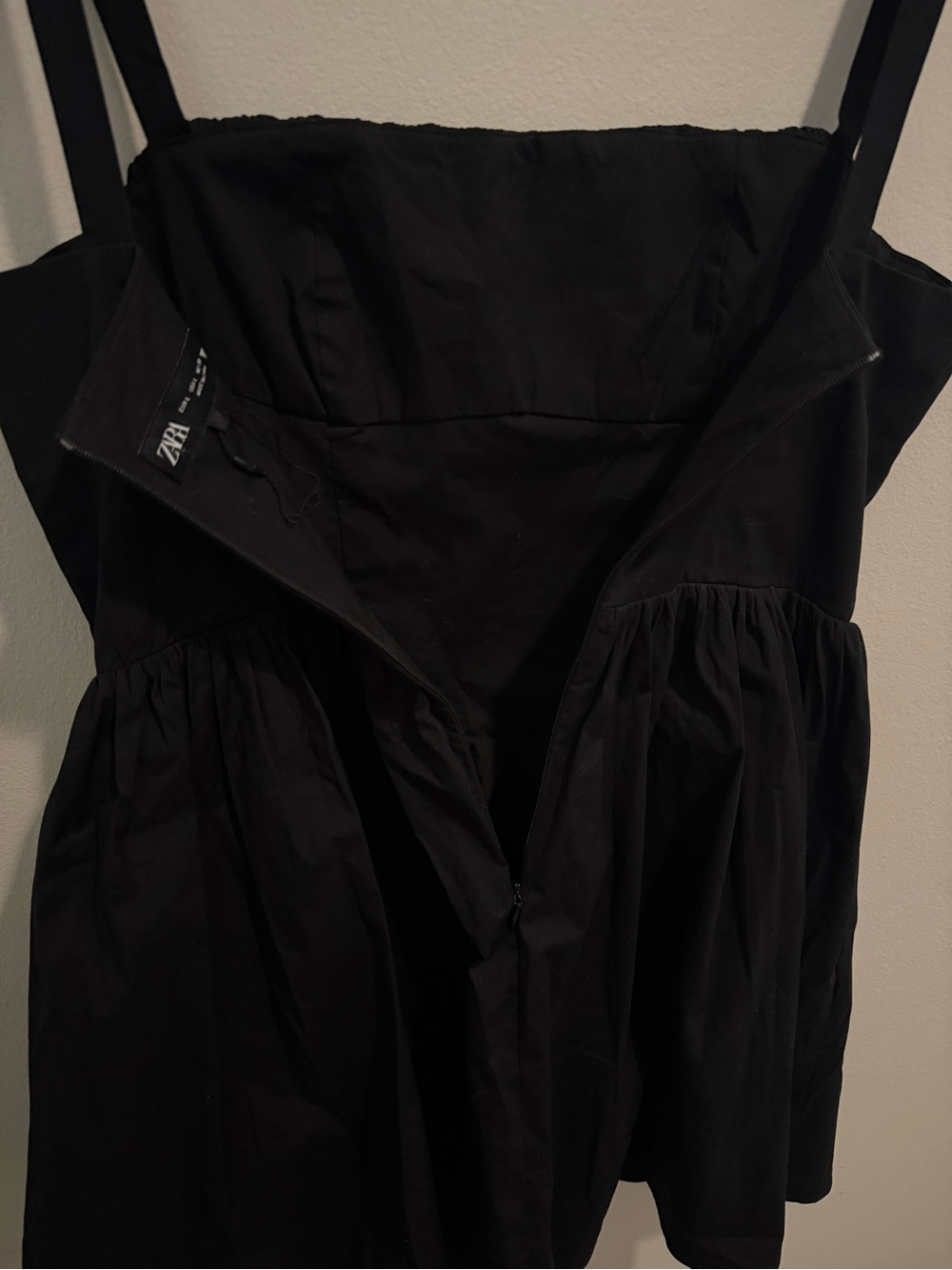 Zara Black LBD Ruched Bust Voluminous Mini Dress Babydoll Fit Flare Size Large - Picture 7 of 9